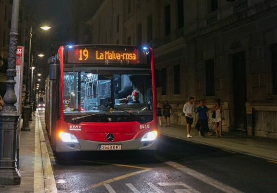 Imagen de un autobús de la linea 19 dirección la Malva-rosa circulando de noche