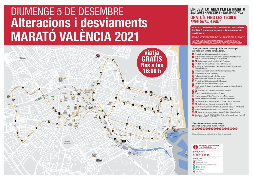 Imagen Mapa de modificaciones y desvíos de lineas por el maratón de Valencia 2021