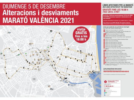 Imagen Mapa de modificaciones y desvíos de lineas por el maratón de Valencia 2021