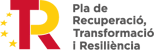 Logo con forma de «R» en colores rojo y amarillo, a su izquierda tenemos cuatro estrellas y a su derecha el texto «Pla de Recuperació, Transformació i Resiliència»